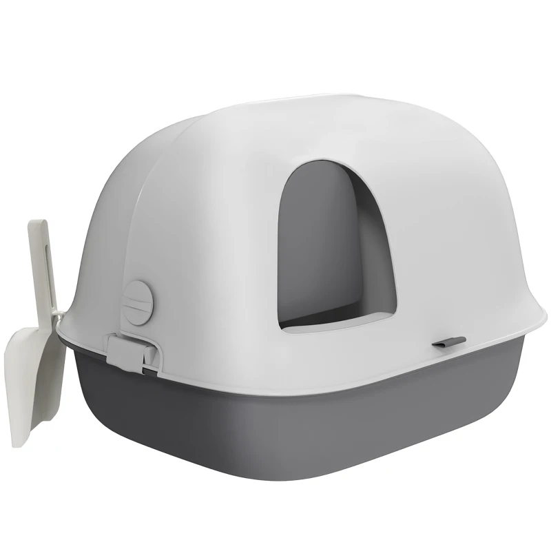 Pawhut Caixa de Areia para Gatos Casa de Banho para Gatos com Porta Pá Teto Frontal Aberto 58x46x39 cm Cinza Claro e Branco