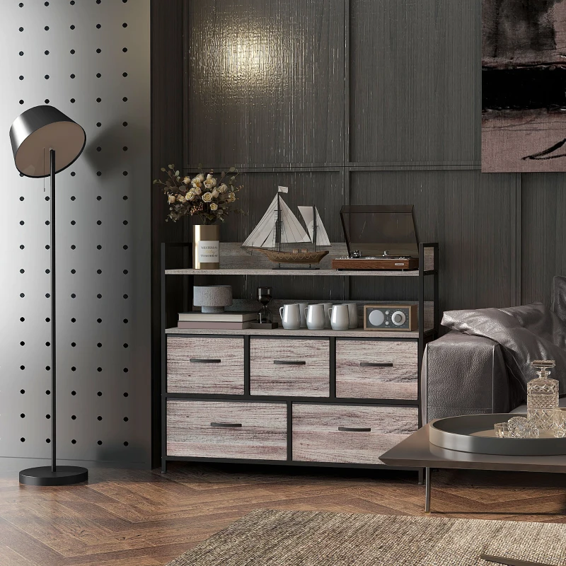 HOMCOM Móvel de Armazenamento Estilo Industrial Cómoda 5 Gavetas em Tecido Dobráveis e Removíveis e Prateleiras 98x29x85 cm