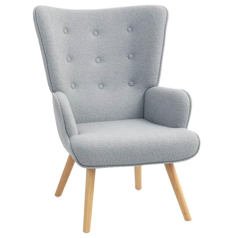 HOMCOM Poltrona de Sala em Tecido Bouclette Poltrona Capitonê e Acolchoada com Pés em Madeira 71x74x96 cm Cinza Claro
