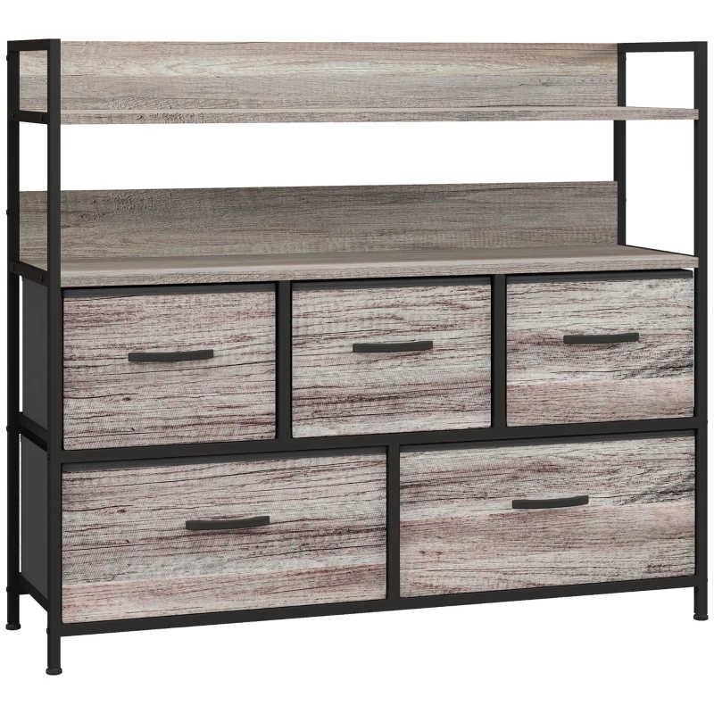 HOMCOM Móvel de Armazenamento Estilo Industrial Cómoda 5 Gavetas em Tecido Dobráveis e Removíveis e Prateleiras 98x29x85 cm