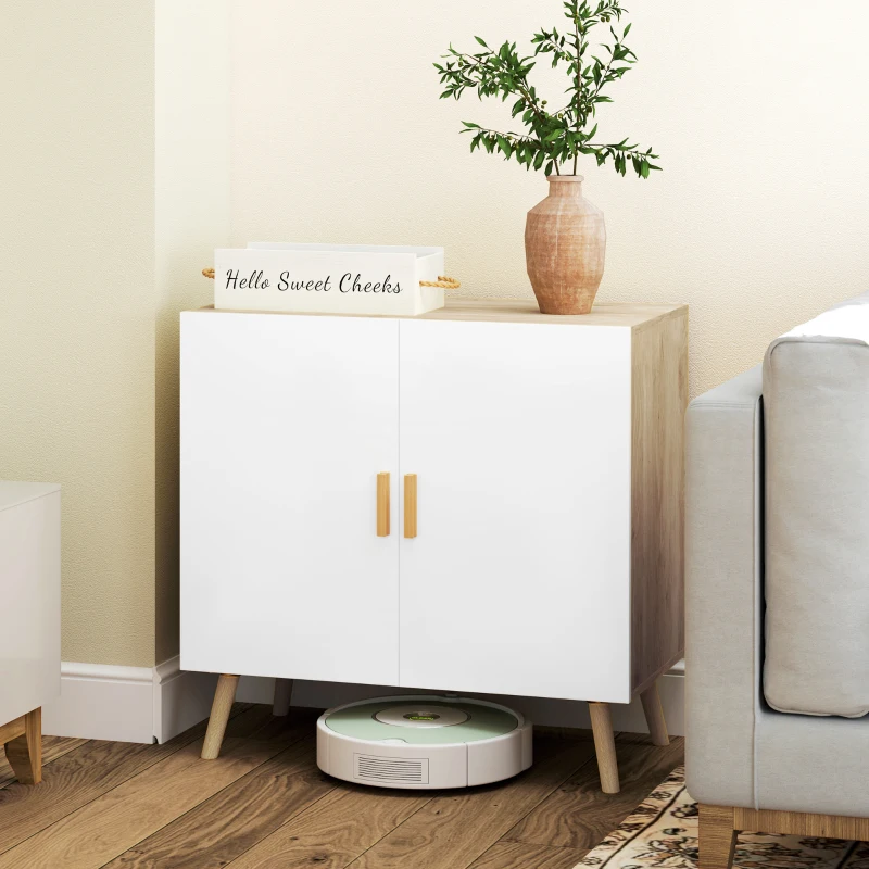 HOMCOM Buffet Móvel de Armazenamento com Alças de Bambu Prateleira Ajustável Base Elevada 76x41,2x74 cm Branco Madeira Natural