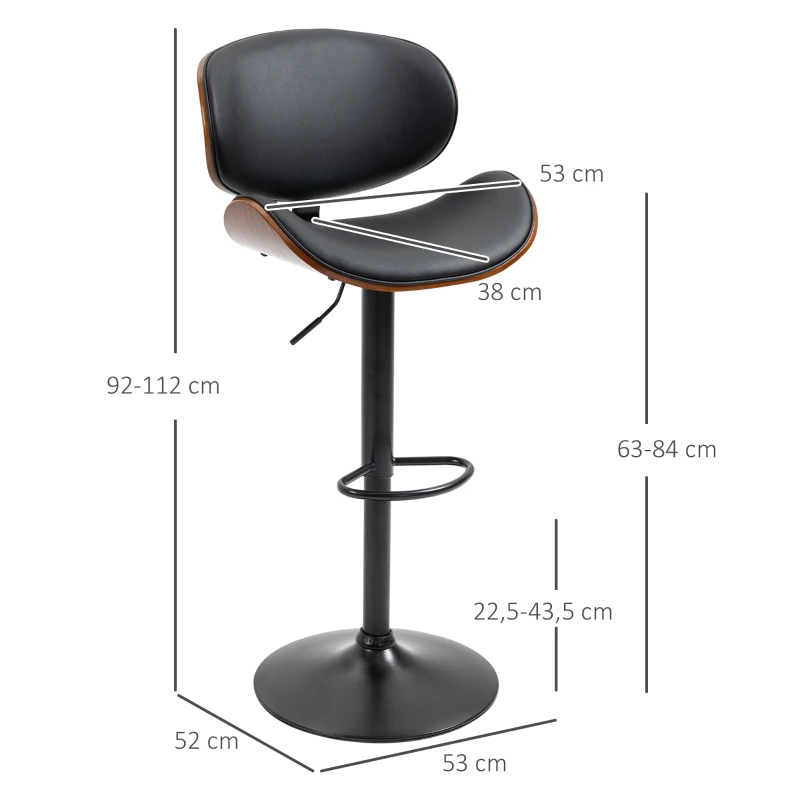 HOMCOM Conjunto de 2 Cadeiras de Bar Taburete com Altura Ajustável Revestimento Sintético 53x52x92-112 cm Preto
