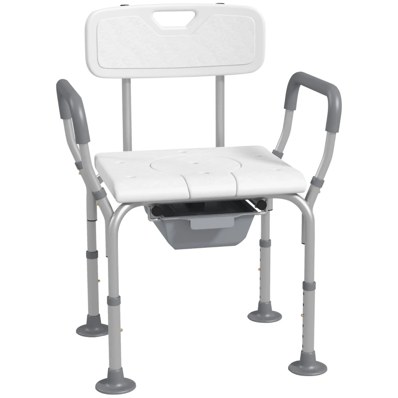 HOMCOM Cadeira de Duche Cadeira de Rodas com Penico Altura Ajustável Pés Antiderrapantes Capacidade Máx.136Kg em Alumínio HDPE Branco
