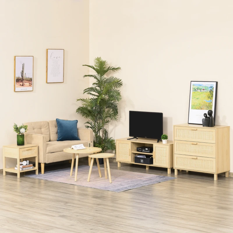 HOMCOM Móvel de TV Bancada de TV 2 Nichos 2 Armários Porta em Vime de Ratã 115x40x48 cm MDF Aspecto de Madeira Clara