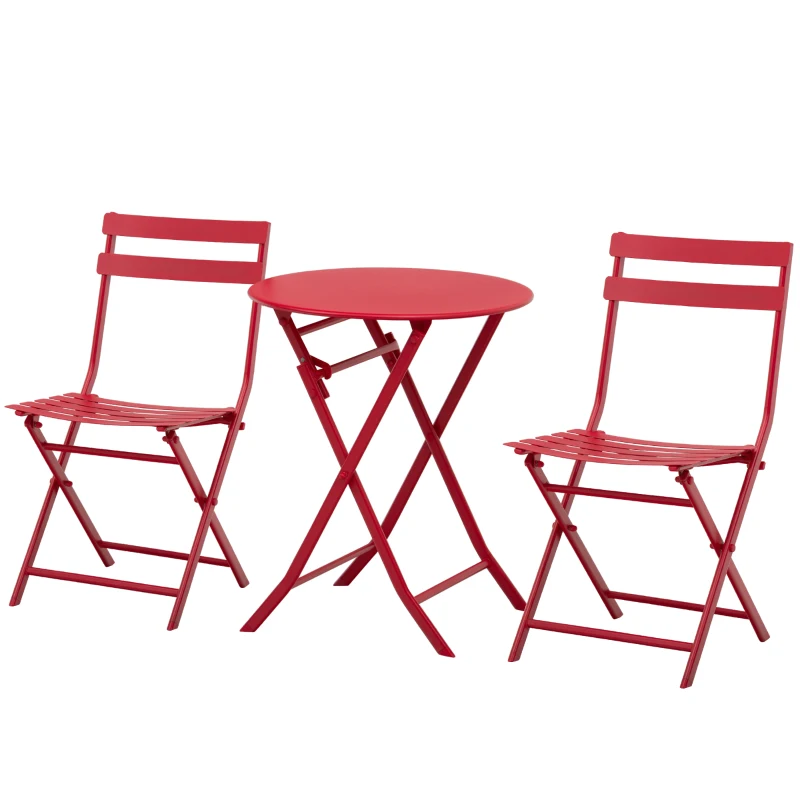 Outsunny Conjunto de Jardim Bistrô Dobrável Mesa Redonda Ø 60 cm com 2 Cadeiras Dobráveis Metal Termolacado Vermelho