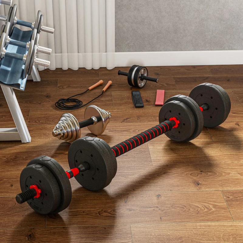 HOMCOM Conjunto de Halteres Curtos Total 15 Kg 2 em 1 Peso Ajustável Barras Incluídas Treino de Musculação & Halterofilismo