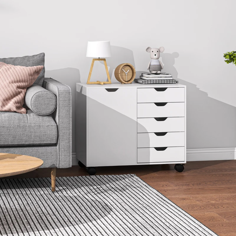 HOMCOM Móvel de Arrumação para Escritório 5 Gavetas 1 Porta Prateleira Ajustável Suporte Impressora Rodízios 78x40x66,5 cm Branco