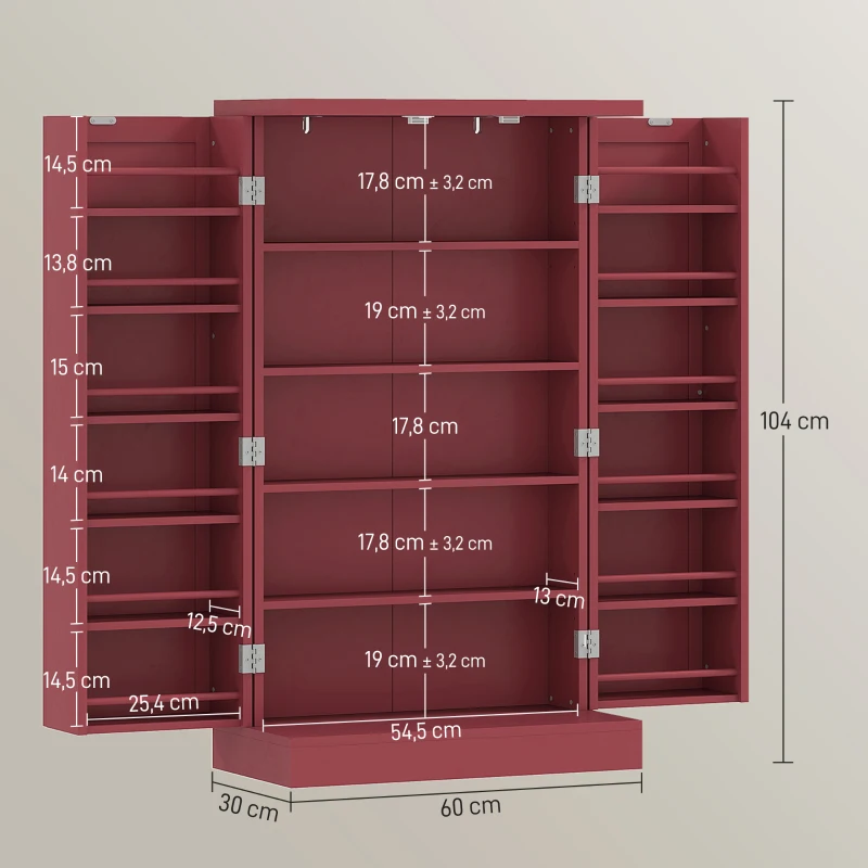 HOMCOM Armoire meuble de cuisine garde-manger 2 portes avec 5 étagères et 12 porte-épices - 60 x 30 x 104 cm - rouge