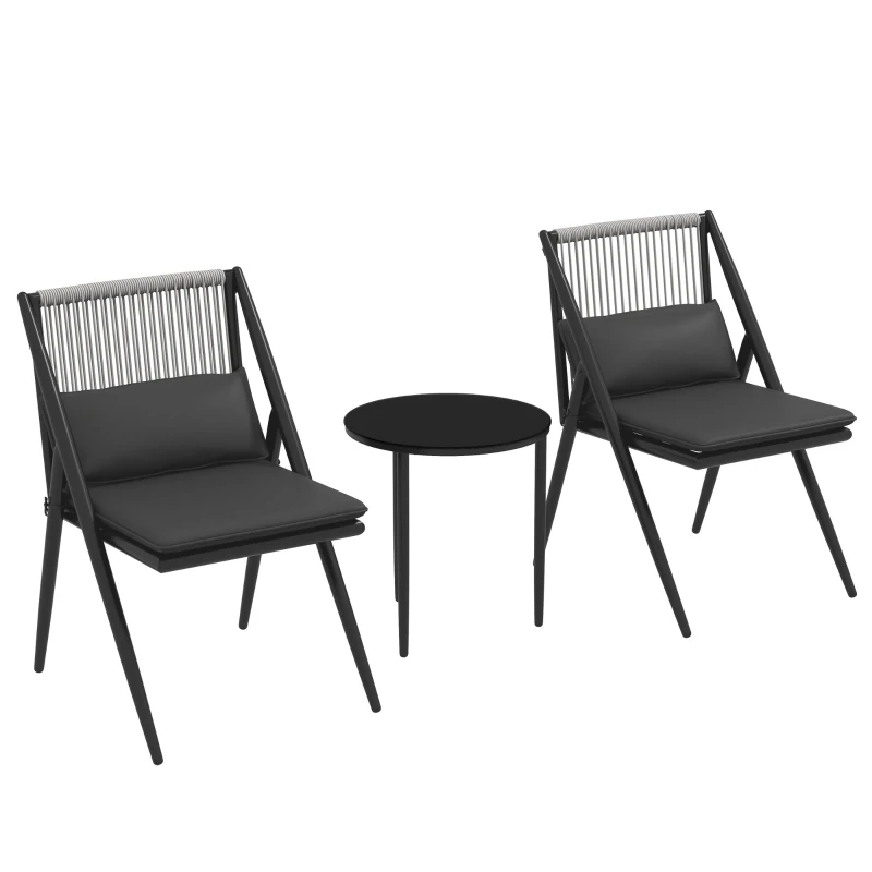 Outsunny Conjunto de Jardim 2 Pessoas 3 Peças 2 Cadeiras com Almofadas Mesa de Centro Tampo de Vidro Temperado Estrutura em Alumínio