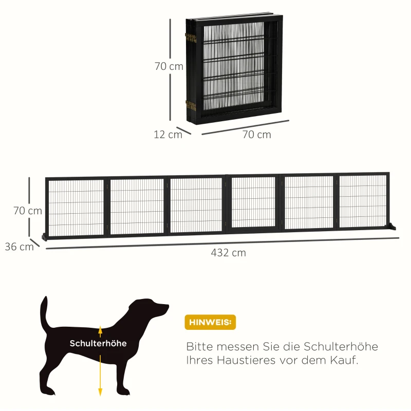 Pawhut Barreira para Cães Dobrável 432x36x70 cm Madeira de Pinho Preto