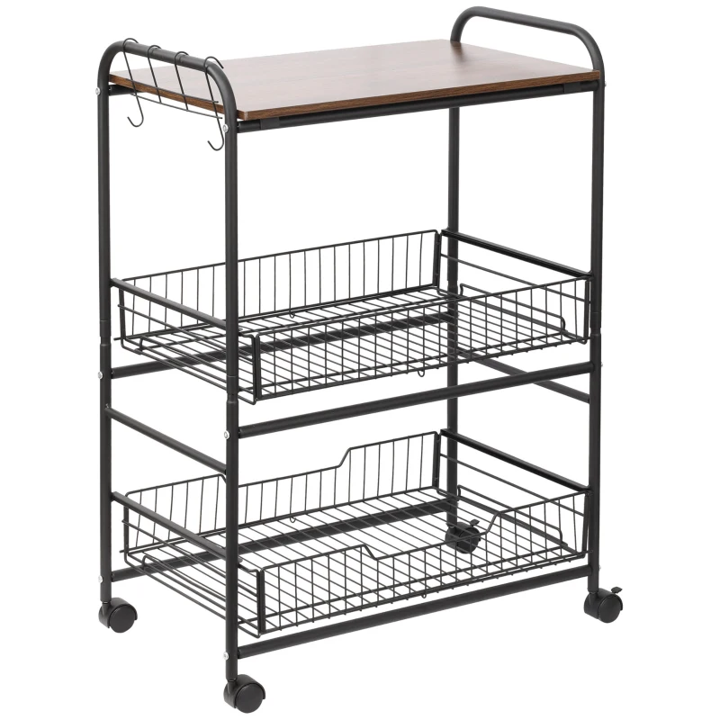 HOMCOM Carrinho de Cozinha 3 Níveis Armazenamento Rodízios 2 Cestos Removíveis Prateleira e Ganchos Laterais 60x38x85,5 cm Nogueira