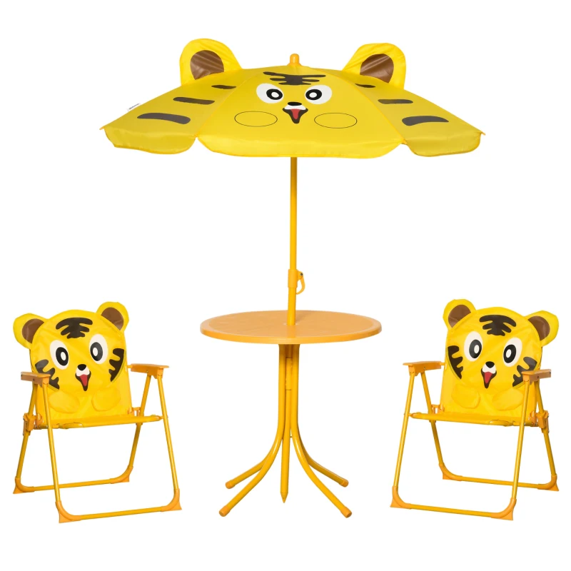 Outsunny Conjunto de Mobiliário de Jardim para Crianças 4 Pcs Tigre Mesa Redonda 2 Cadeiras Dobráveis Guarda Sol Metal Oxford Amarel