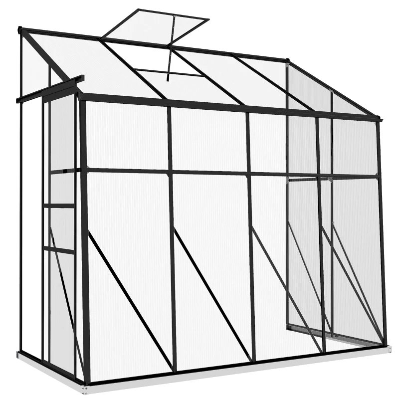 Outsunny Estufa Adossada Estufa de Jardim em Policarbonato com Porta de Correr Ventilação de Telhado Fundação 127x253x240 cm Preto