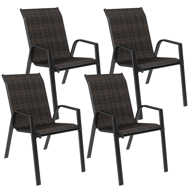 Outsunny Conjunto de 4 Cadeiras de Jardim Empilháveis Cadeira de Exterior com Braços e Revestimento em Resina Trançada Marrom
