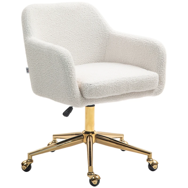 HOMCOM Cadeira de Casa Office Cadeira de Escritório Altura Ajustável com Rodas Cobertura de Veludo Base de Metal Cremoso