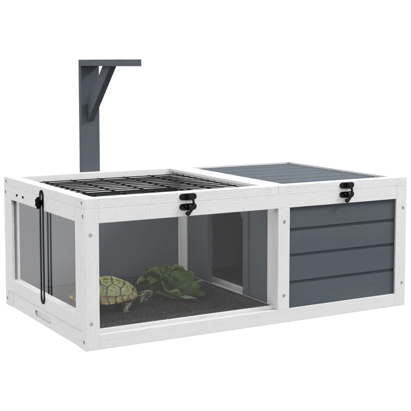 Pawhut Casa Recinto Gaiola para Pequeno Animal Tartaruga com 2 Espaços Suporte de Lâmpada 81x48x31,5 cm Cinza