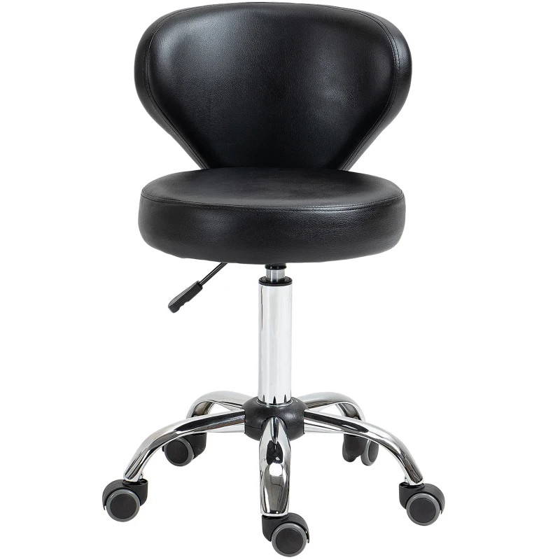 HOMCOM Banquinho com Rodízios Massagem Trabalho Giratório 360° Assento Ajustável 49-64 cm Encosto Ergonômico Revestimento Preto