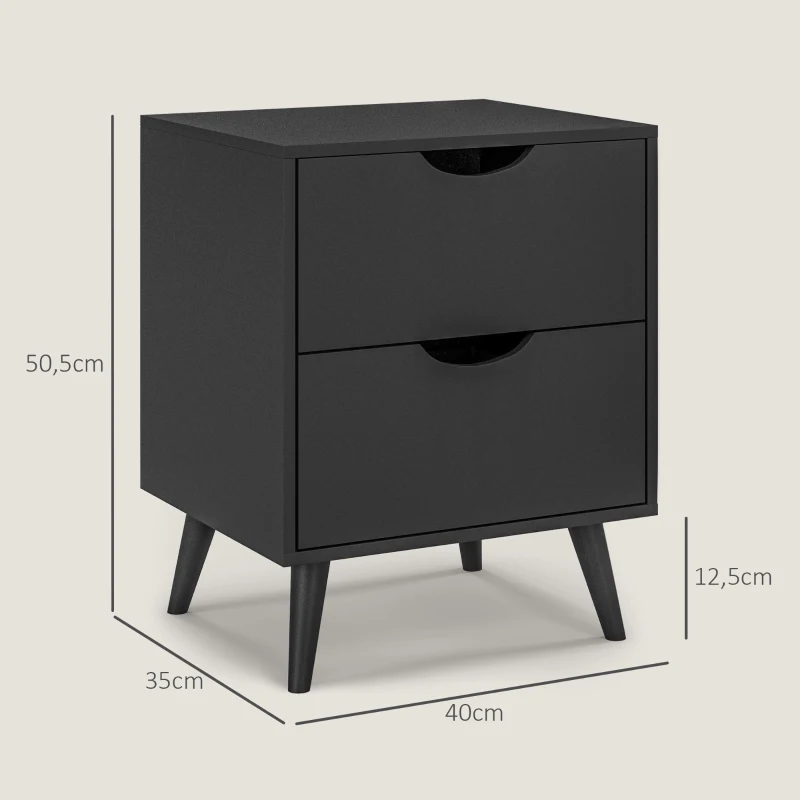 HOMCOM Mesa de Cabeceira Mesa de Noite com 2 Gavetas Estilo Escandinavo para Quarto Sala 40x35x50,5 cm Preto