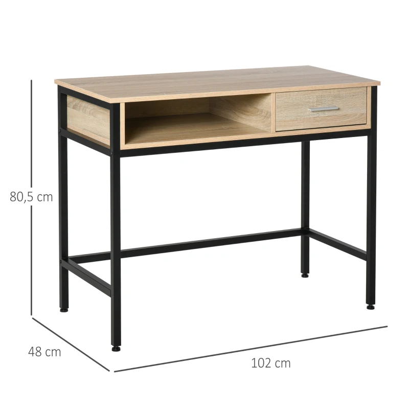HOMCOM Mesa de Escritório com Armazenamento Mesa de Computador Gaveta Estrutura de Metal Preto Tampo de Madeira Carvalho Claro