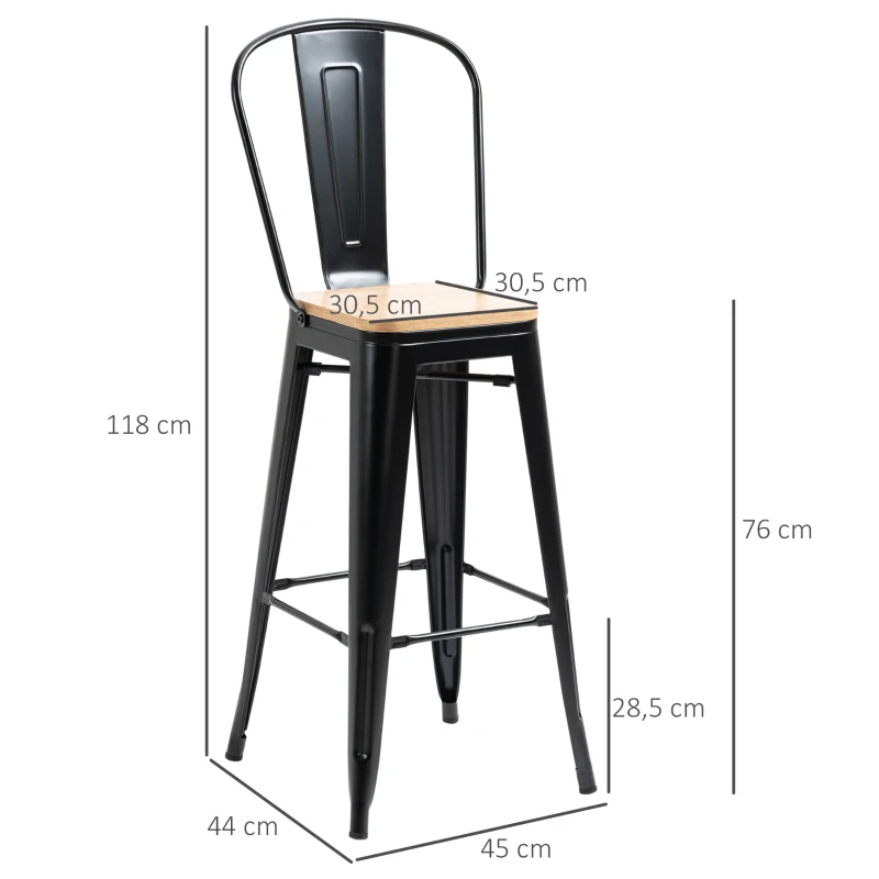HOMCOM Conjunto de 4 Bancos de Bar Industrial Encosto descanso para Os Pés 76 cm Metal Preto Painéis Multicamadas Imitação de Madeira