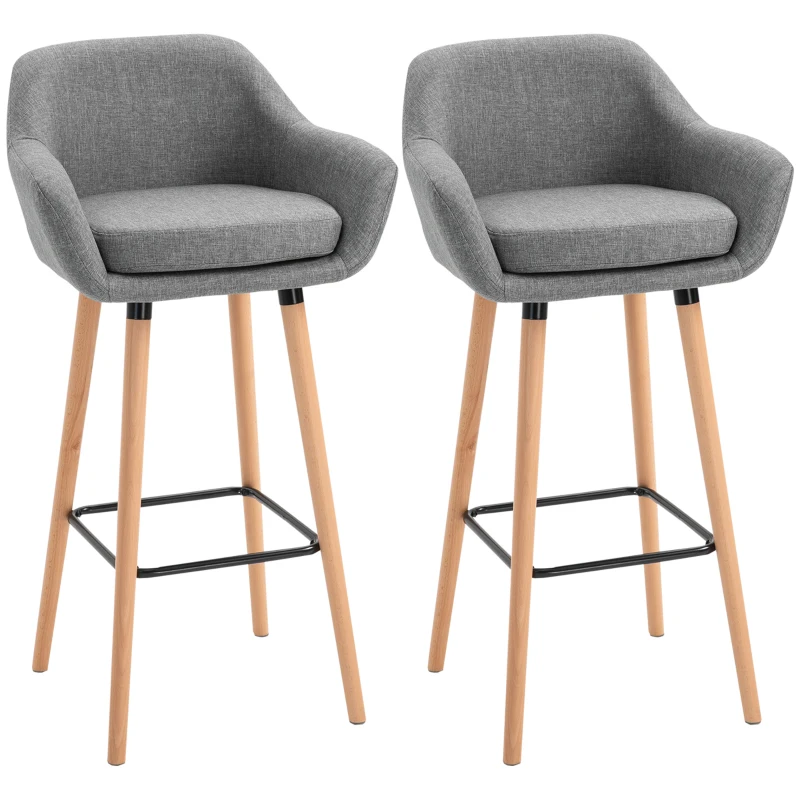 HOMCOM Bancos de Bar estilo Escandinavo Conjunto de 2 Bancos de Bar Conforto descanso para Os Pés e Braços Madeira Linho Cinza Escuro