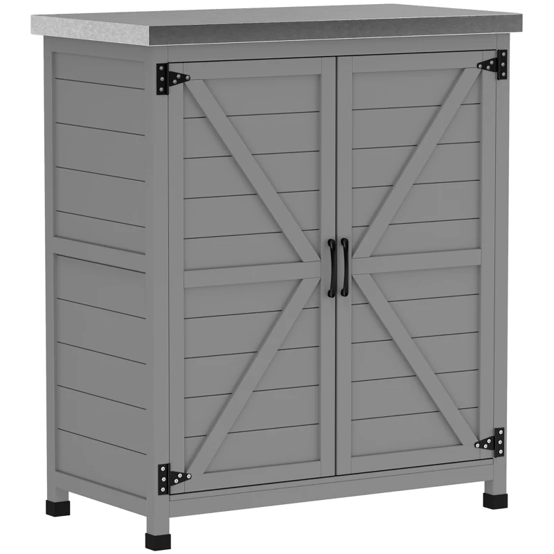 Outsunny Armário de Jardim Armário Exterior com Superfície de Trabalho Armário de Ferramentas Madeira Maciça Aço 79x43x92 cm Cinza