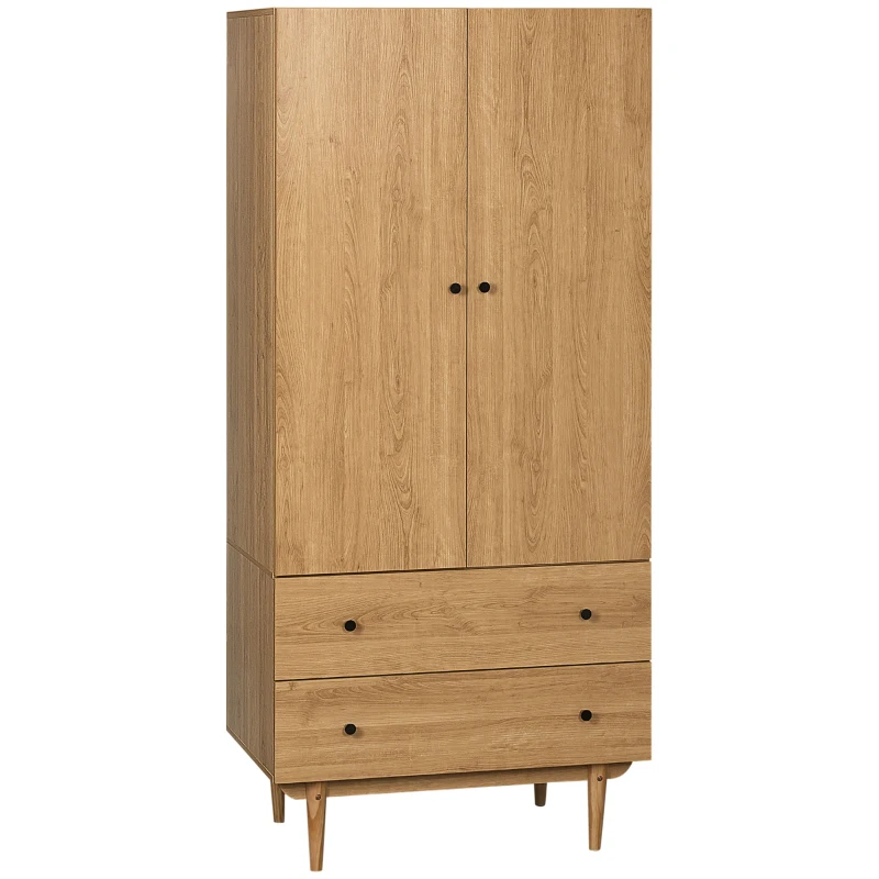 HOMCOM Armário de Roupas Armário de Armazenamento Guarda Roupas com 2 Portas 2 Gavetas e Cabide 80x52x180 cm Visual de Madeira