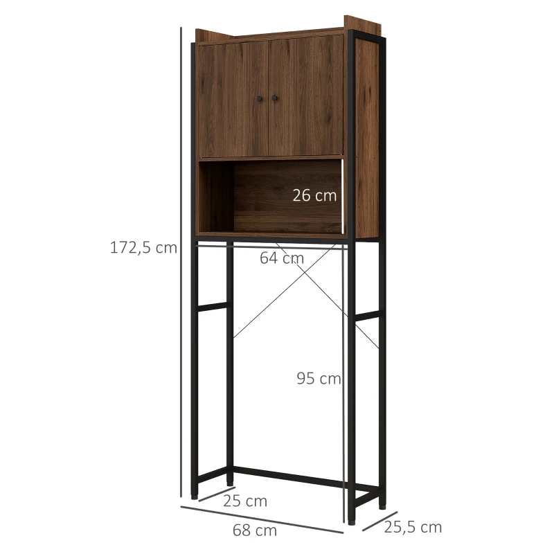 Kleankin Móvel sobre Sanita para Casa de Banho com Armário 2 Portas e Prateleira Aberta 68x25,5x172,5 cm Marrom e Preto