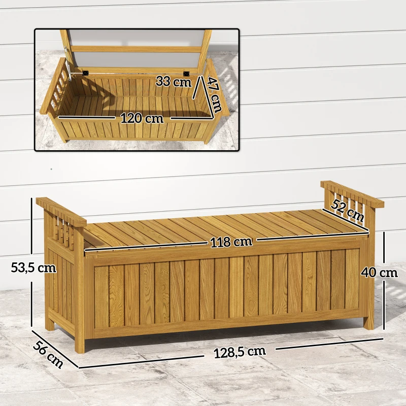 Outsunny Banco de Jardim 2 Lugares em Madeira com Armazenamento de 186L Banco de Exterior com Braços 128,5x56x53,5 cm Marrom