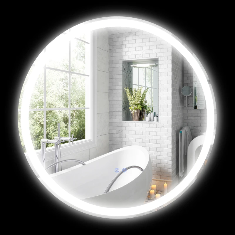 Kleankin Espelho Redondo Luminoso LED de Banheiro Ø 70 cm Parede com Iluminação 3 Cores Interruptor Tátil 23W Branco Prata