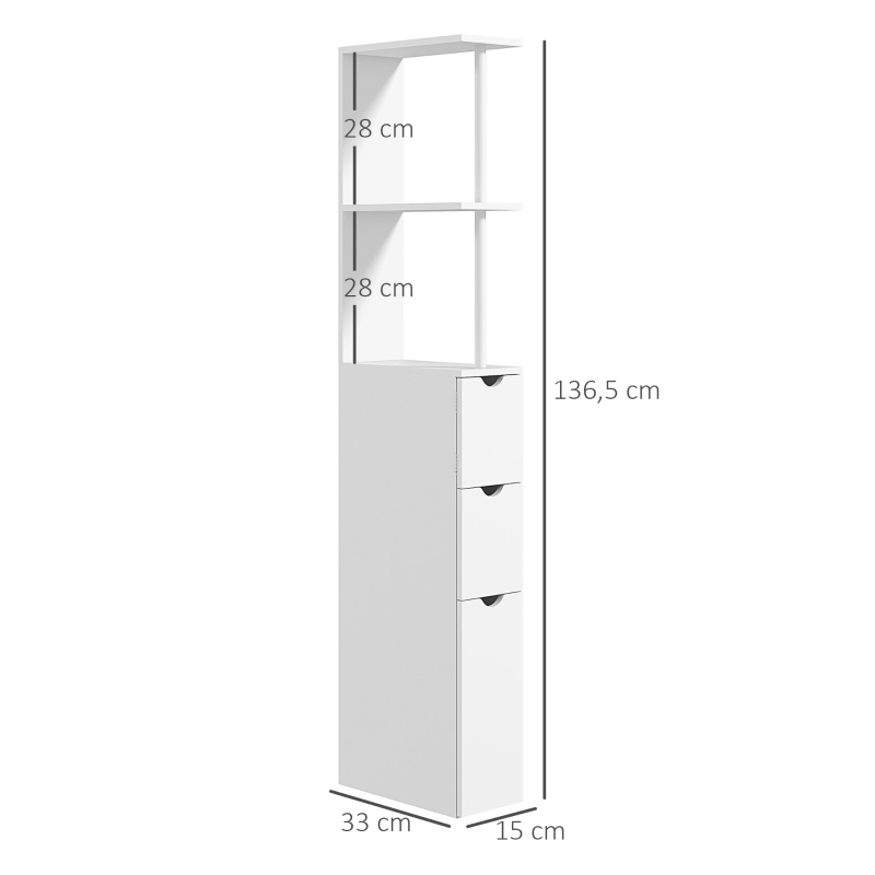 HOMCOM Móvel Coluna Casa de Banho Armário de Casa de Banho com Gavetas Prateleiras Abertas Armário 15x33x136,5 cm Branco