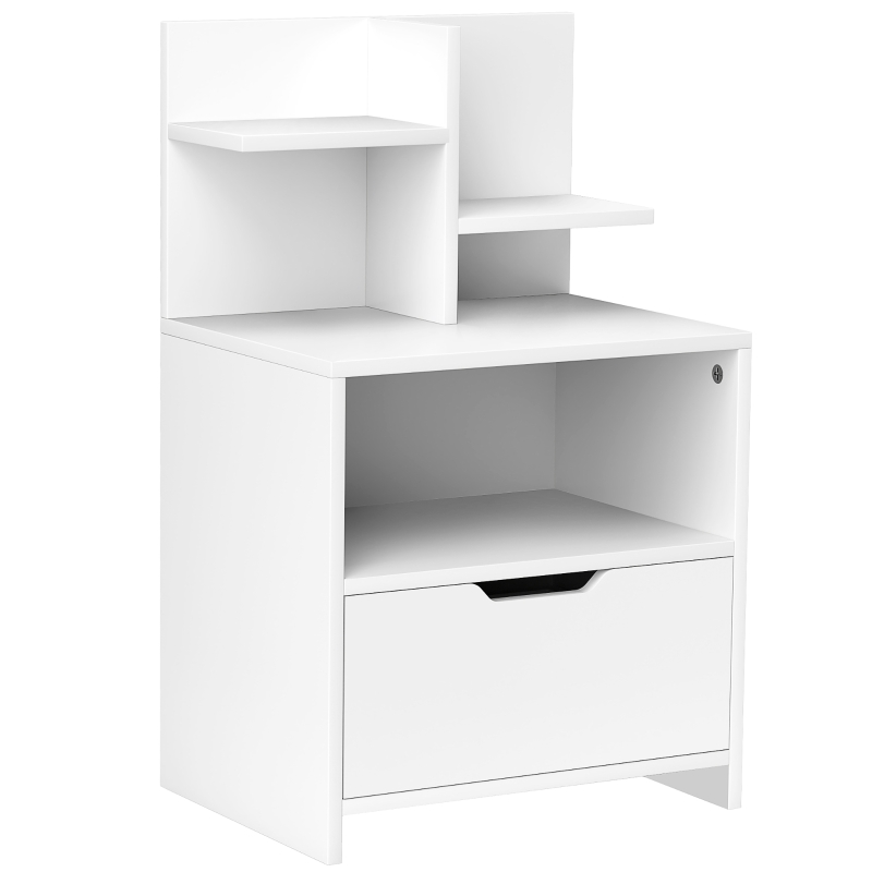 HOMCOM Mesa de Cabeceira Mesa de Noite com Gaveta Nicho e Prateleiras de Armazenamento Efeito Madeira 45x35x73 cm Branco