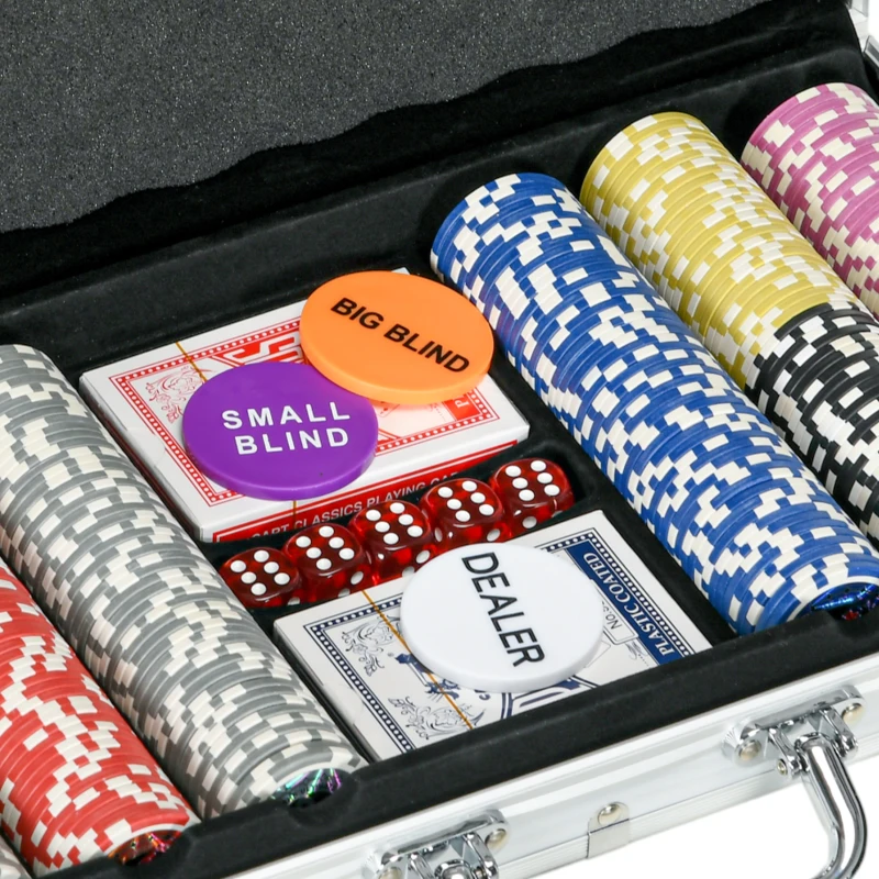 Sportnow Maleta de Poker Coffret de Poker Completo com Fechadura com 300 Fichas 2 Baralhos de Cartas 3 Botões 1 Tapete de Feltro