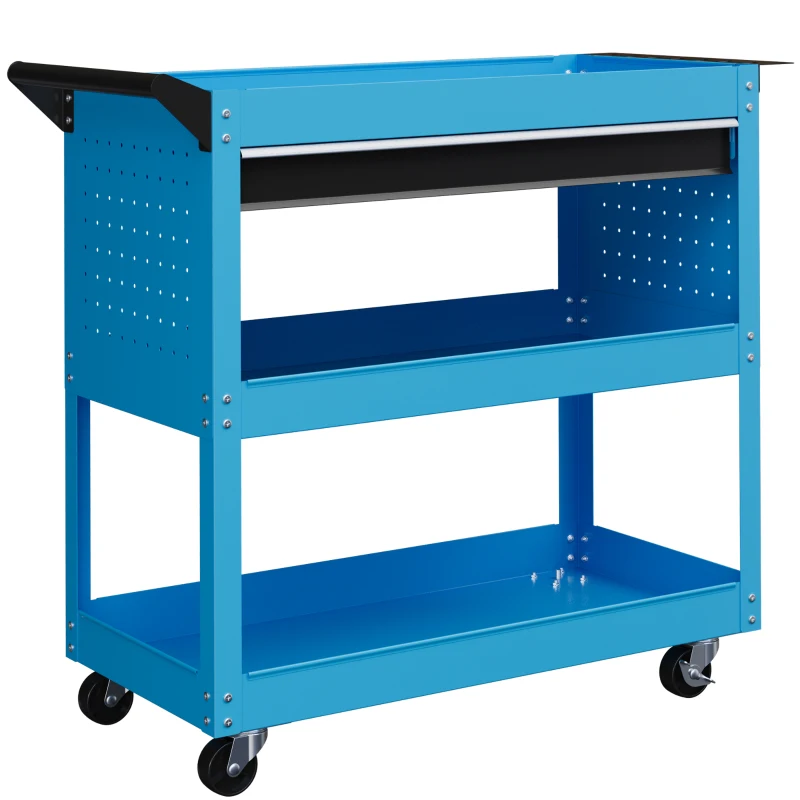 DURHAND Carrinho de Ferramentas Servente de Oficina de 3 Níveis com Gaveta Painel Lateral para Ferramentas e Alça 82x35x76 cm Azul