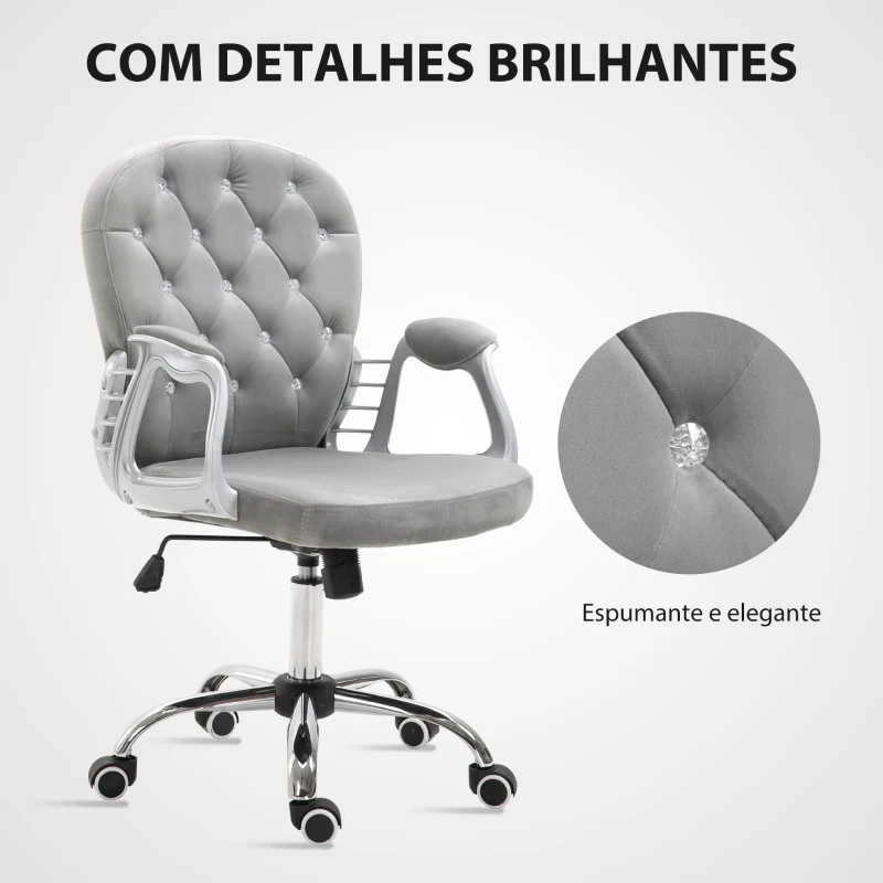Vinsetto Cadeira de Escritório Estofada em Veludo Cadeira Giratória com Altura Ajustável e Decorações de Cristal 59,5x60,5x95-105 cm Cinzenta