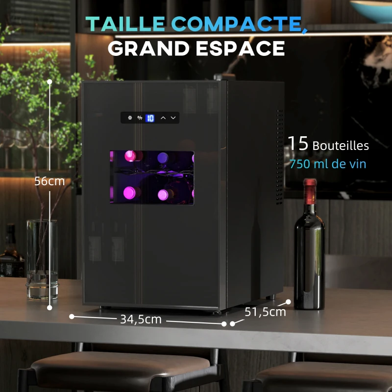 HOMCOM Cave À Vinho 15 Garrafas 39L Frigorífico para Bebidas Iluminação LED Temperatura Ajustável 8-18°C