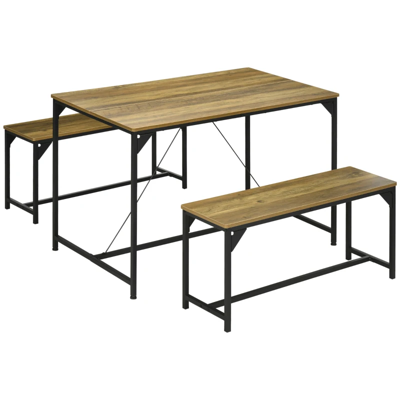 HOMCOM Conjunto Mesa de Jantar e 2 Bancos Estrutura em Aço 4 Pessoas para Cozinha Sala de Jantar Sala Natural e Preto