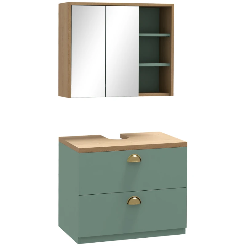 Kleankin Conjunto de Móveis de Casa de Banho com Prateleiras Ajustáveis 2 Gavetas estilo Escandinavo Verde