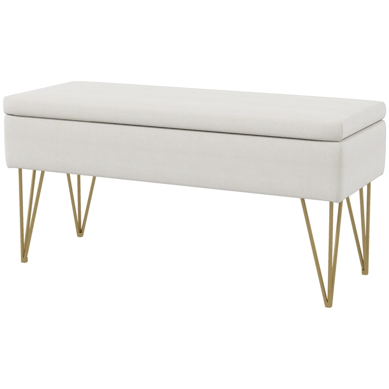 HOMCOM Banco Caixa de Armazenamento 2 em 1 em Tecido com Pés de Agulha em Aço Dourado 100x40x49 cm Creme