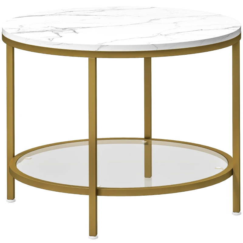 HOMCOM Mesa de Centro Redonda Moderna de 2 Níveis com Tampo de Mármore e Prateleira de Vidro Temperado Ø 60x45 cm Branco e Dourado