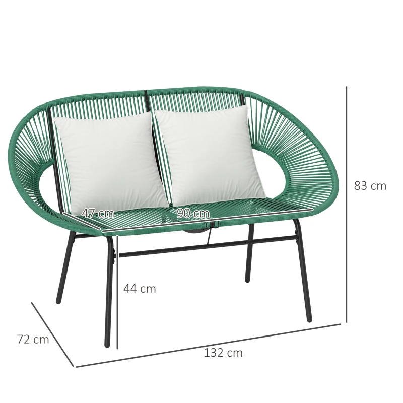 Outsunny Banco de Jardim 2 Lugares em Aço e Corda de Resina com 2 Almofadas 132x72x83 cm Verde Escuro