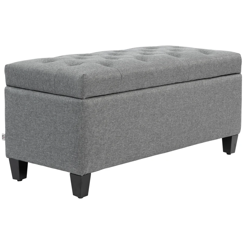 HOMCOM Banco Banco Estofado com Armazenamento Poliéster Semelhante a Linho Madeira de Borracha 100x40x44 cm Cinza Claro