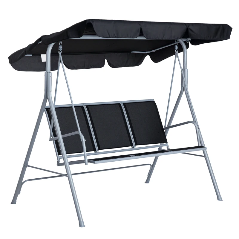 Outsunny Dondolo da Giardino a 3 Posti in Metallo, Tetto Parasole Rimovibile e Lavabile, Nero e Argento, 171x108x154cm
