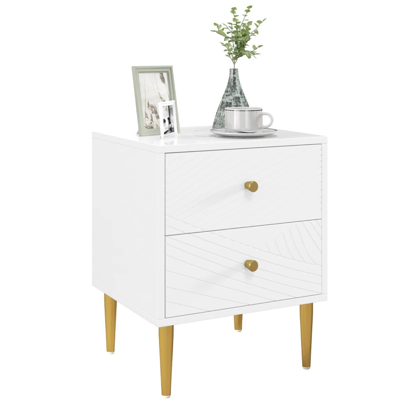 HOMCOM Mesa de Cabeceira com 2 Gavetas Puxadores Pés de Aço para Quarto Sala 40x35x50 cm Branco