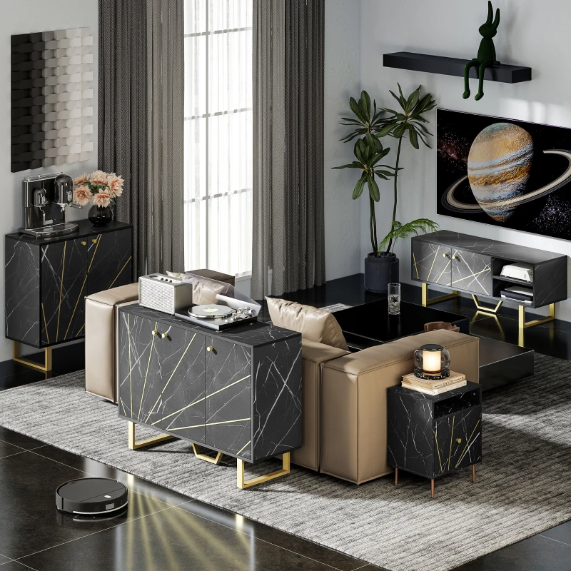HOMCOM Buffet de Armazenamento com 2 Portas e Prateleira Ajustável Pés em Metal 76x35x77 cm Tom Mármore Preto