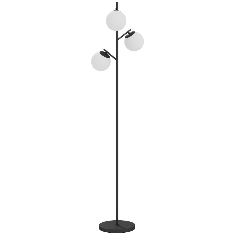 HOMCOM Candeeiro de Pé de Sala em Metal com 3 Abat Jours Globulares em Vidro Opalino 40W Ø 27x169 cm Preto