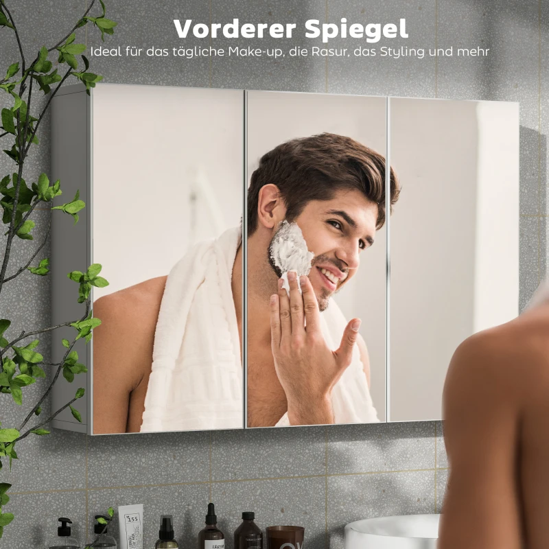 HOMCOM Szafa łazienkowa z lustrem, szafka z 3 lustrowanymi drzwiami, montaż na ścianie, 90 x 15,5 x 60 cm, płyta wiórowa, Biała