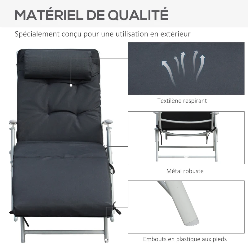 Outsunny Bain de Soleil Pliable transat inclinable 7 Positions Chaise Longue Grand Confort avec Matelas + accoudoirs métal époxy textilène Polyester Noir