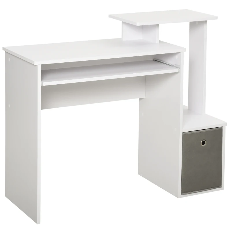 HOMCOM Mesa de Computador Multimídia com Prateleiras Suporte Teclado Cesta Cinza Painéis de Partículas Branco