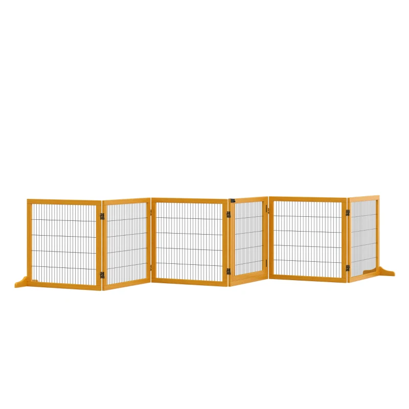 Pawhut Barreira de Segurança para Cães Barreira Modular Dobrável 6 Painéis 2 Pés de Suporte Madeira 432x36x70 cm Amarelo